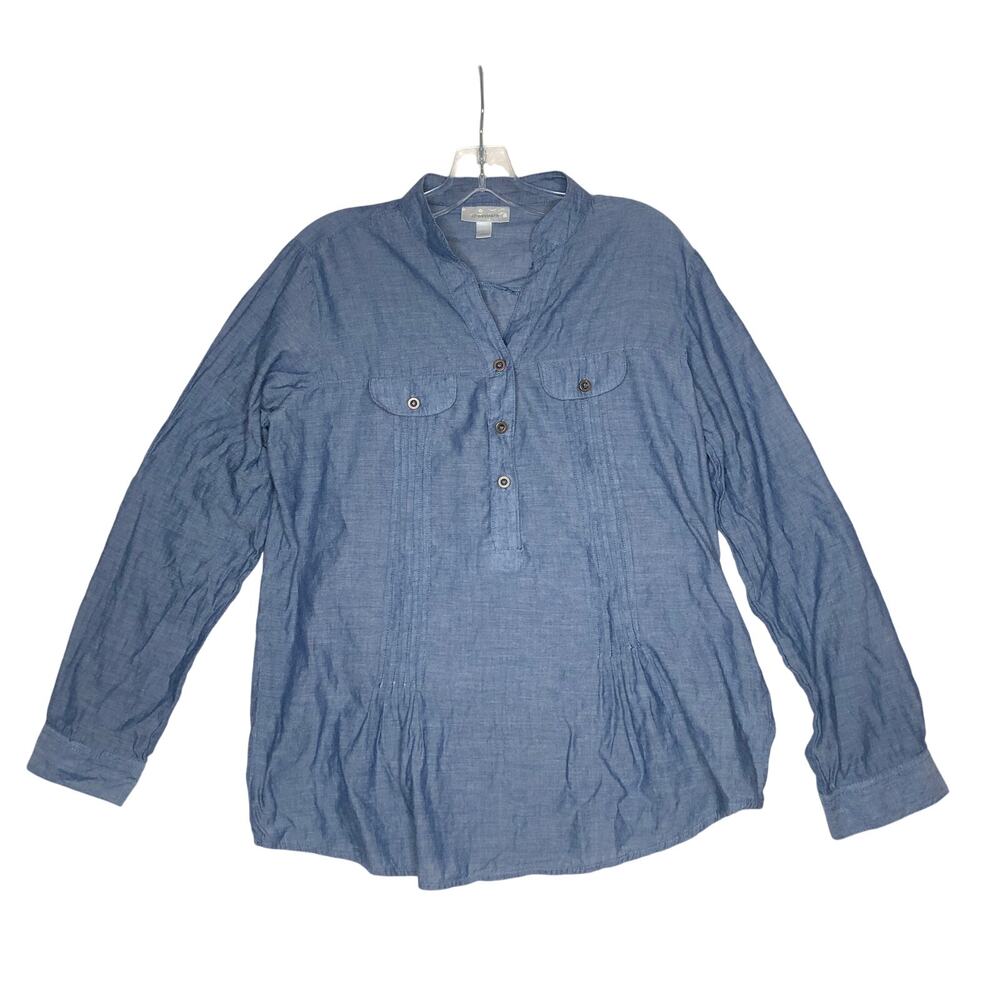 Dressbarn Large Shirt Blouse Roll Tab Sleeves Lightweight Chambray Pleated